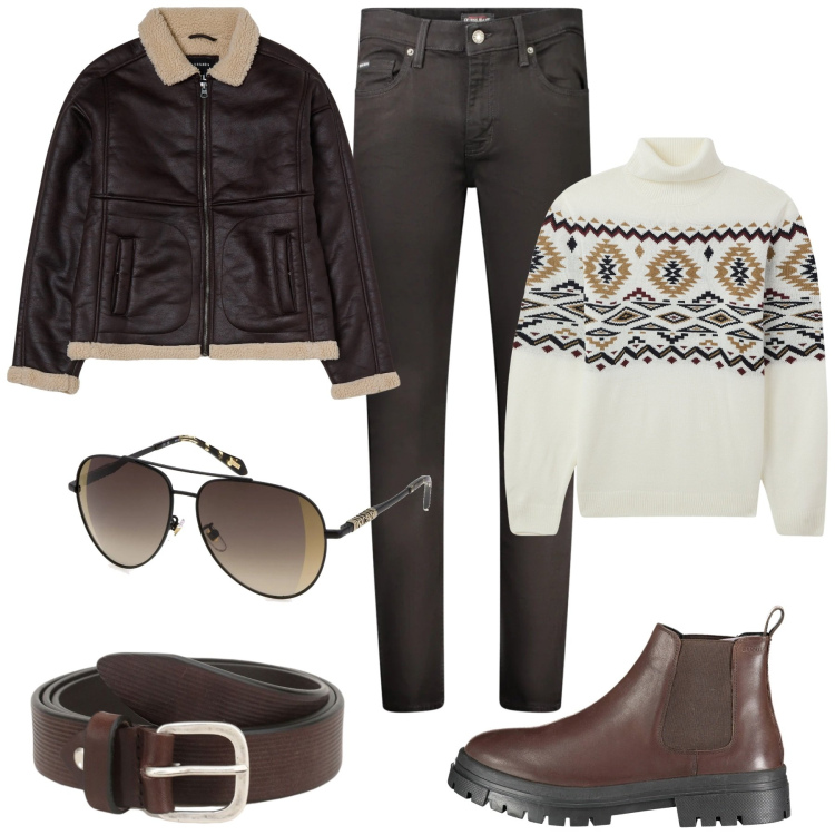 Outfit uomo - Dettagli in pelle. Stile Casual per Tutti i giorni. Abbinamento con maglieria, giacche, cinture, jeans skinny, stivali, occhiali da sole.