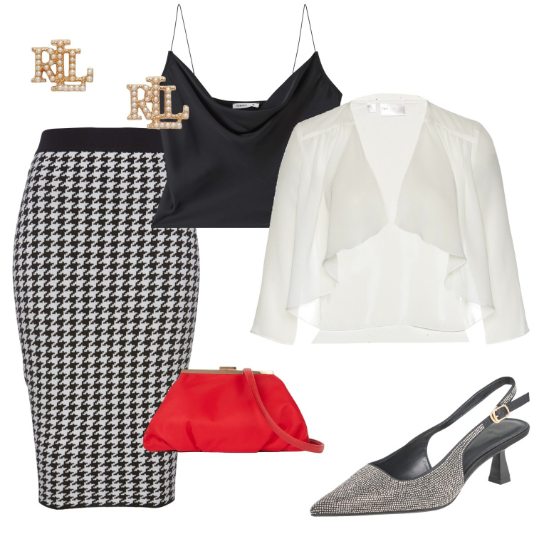 Outfit donna - Raffinata eleganza. Stile Chic per Serata fuori. Abbinamento con blazer, gonne, top, décolleté, orecchini, pochette.