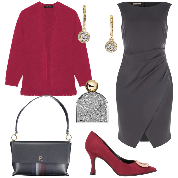 Outfit donna - Feste di natale. Stile Chic per Serata fuori. Abbinamento con décolleté, profumi, vestiti a tubino, orecchini, cardigans, borse a spalla.