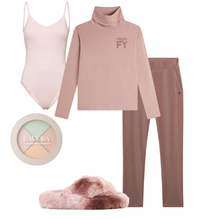 Outfit donna - Natale in pantofole. Stile Casual per Tutti i giorni. Abbinamento con primer, pantaloni, t-shirt, body, ciabatte.