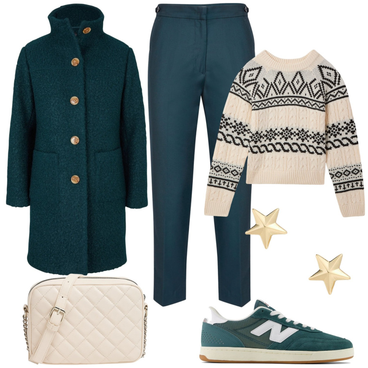 Outfit donna - Buone feste in relax. Stile Casual per Tutti i giorni. Abbinamento con cappotti, maglieria, borse a tracolla, sneakers, orecchini, pantaloni.