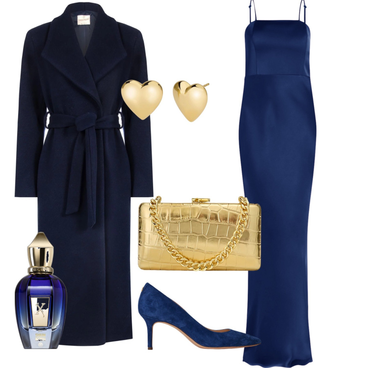 Outfit donna - Blu e oro per Capodanno. Stile Chic per Serata fuori. Abbinamento con cappotti, vestiti lunghi, profumi, orecchini, décolleté, clutch.
