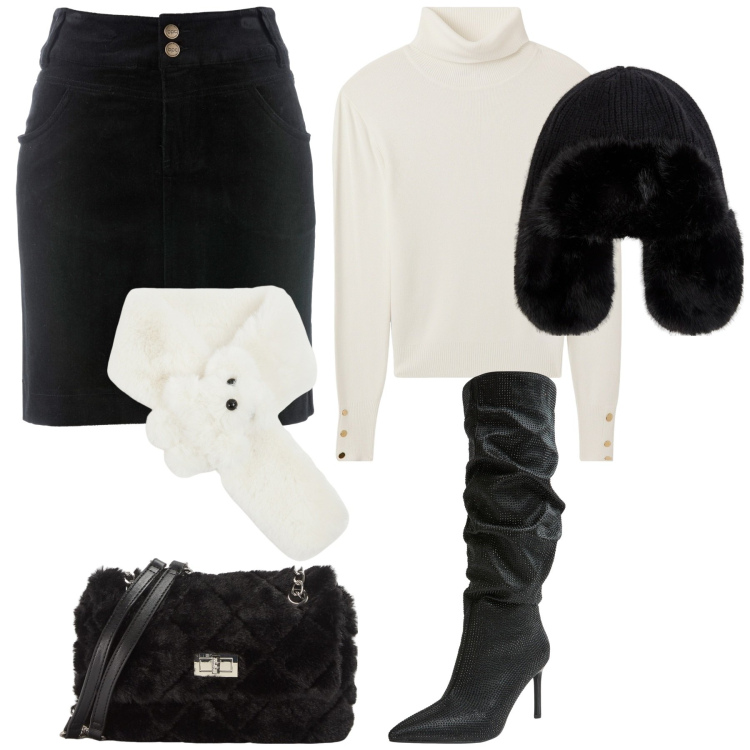 Outfit donna - Black & White. Stile Glamour per Serata fuori. Abbinamento con gonne lunghe, borse a spalla, stivali, sciarpe, maglieria, berretti.