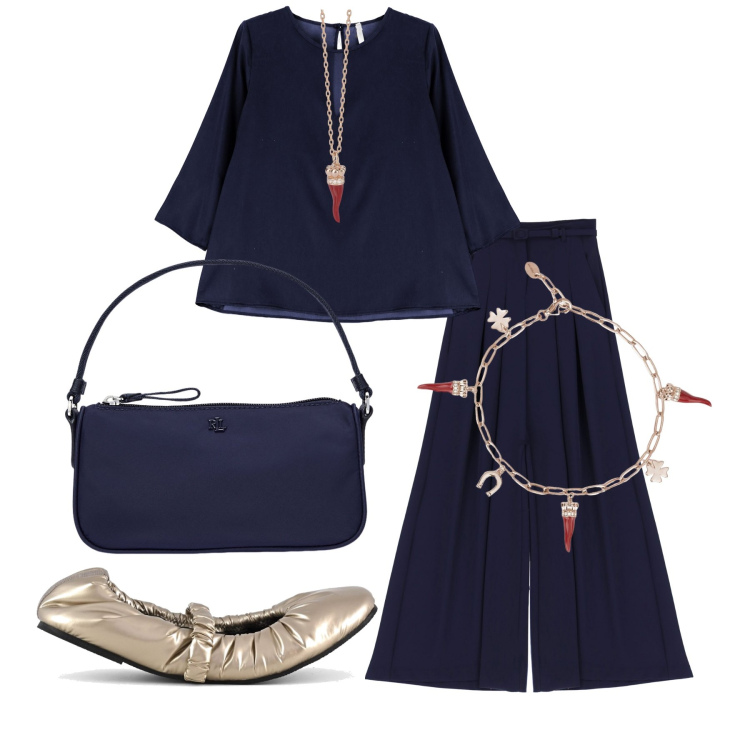 Outfit donna - I gioielli scaramantici per Capodanno. Stile Chic per Serata fuori. Abbinamento con braccialetti, collane, pantaloni, camicie, pochette, ballerine.