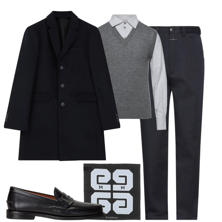 Outfit uomo - City. Stile Business/Elegante per Tutti i giorni. Abbinamento con sciarpe, pullovers, pantaloni chino, cappotti, scarpe stringate.