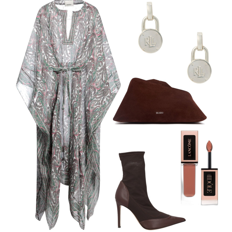 Outfit donna - Insolito look serale. Stile Trendy per Serata fuori. Abbinamento con vestiti lunghi, stivaletti, ombretti, orecchini, pochette.