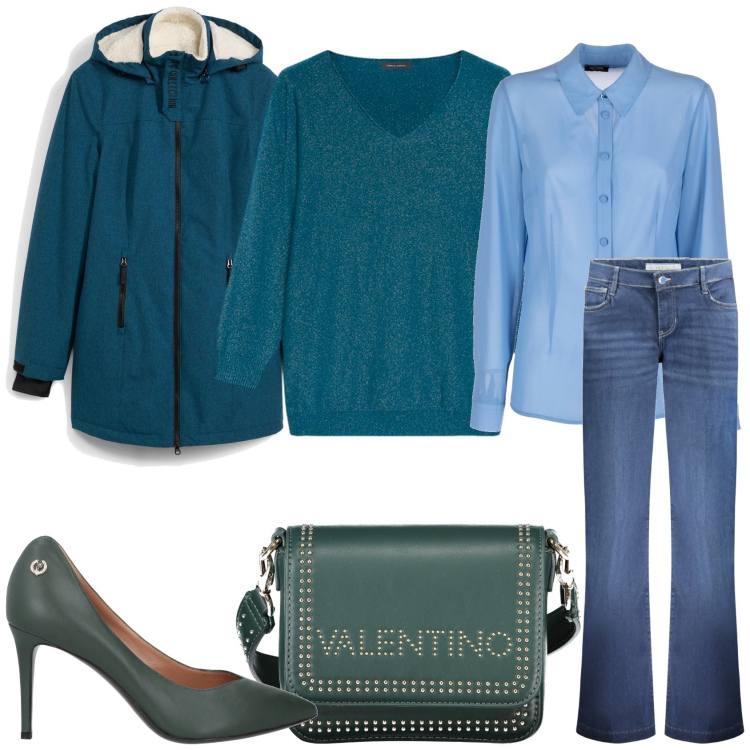 Outfit donna - Jeans con il tacco. Stile Trendy per Tutti i giorni. Abbinamento con blazer, décolleté, camicie, maglieria, borse a spalla, pantaloni a palazzo.