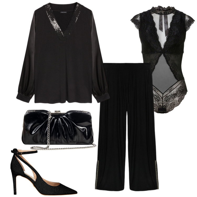 Outfit donna - Cena e discoteca. Stile Chic per Serata fuori. Abbinamento con body, décolleté, pochette, pantaloni a palazzo, bluse.
