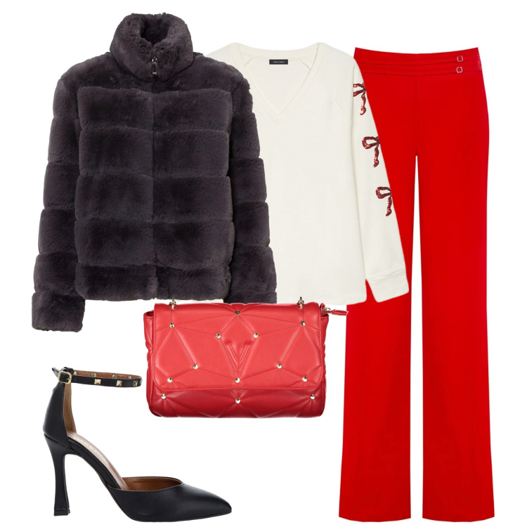 Outfit donna - Vigilia di Natale. Stile Romantica per Serata fuori. Abbinamento con ecopellicce, pantaloni a palazzo, décolleté, felpe, borse a tracolla.