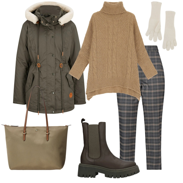Outfit donna - Total look #2025831. Stile Casual per Tutti i giorni. Abbinamento con parka, pantaloni, stivaletti, maglieria, guanti, borse tote.