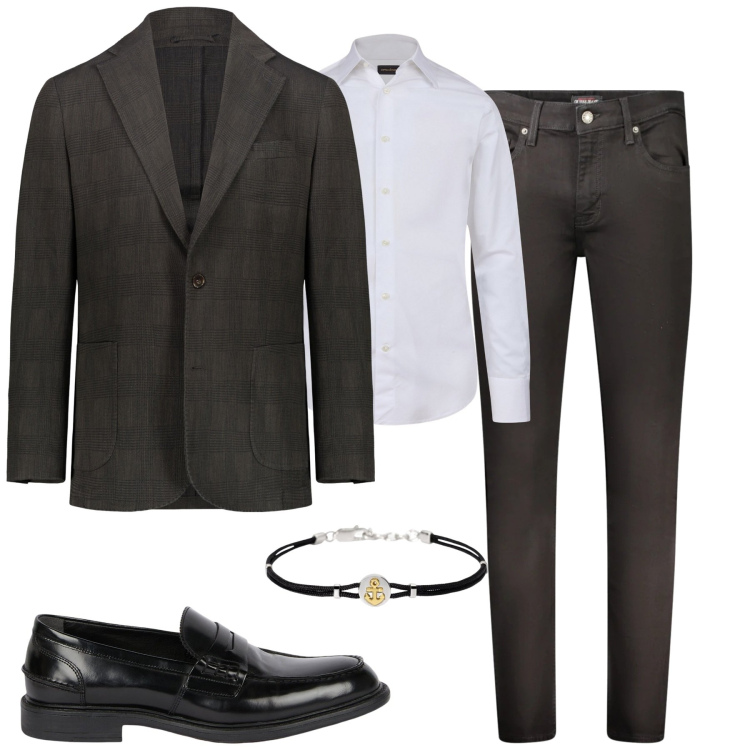 Outfit uomo - La giacca fantasia sur ton. Stile Business/Elegante per Tutti i giorni. Abbinamento con braccialetti, giacche, jeans skinny, camicie, scarpe stringate.
