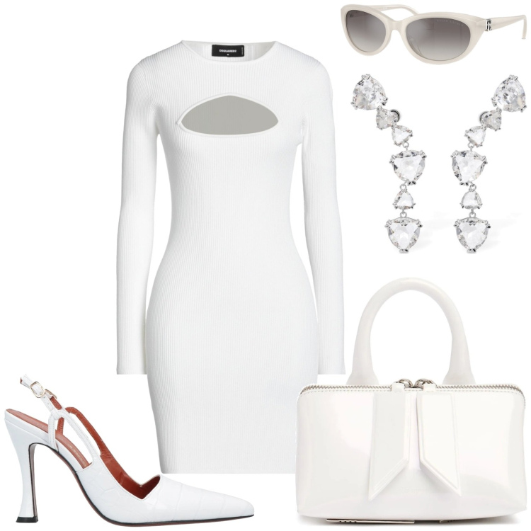 Outfit donna - In bianco. Stile Glamour per Tutti i giorni. Abbinamento con décolleté, vestiti corti, occhiali da sole, orecchini, borse a mano.