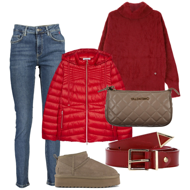 Outfit donna - Rosso a dicembre! - @laurafo. Stile Casual per Tutti i giorni. Abbinamento con maglieria, cinture, stivaletti, jeans slim fit, borse a spalla, piumini.