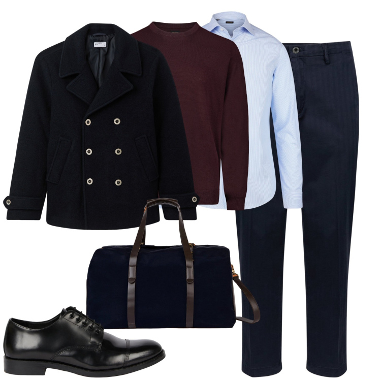 Outfit uomo - Al lavoro. Stile Business/Elegante per Ufficio. Abbinamento con cappotti, camicie, pantaloni, borse sportive, maglieria, scarpe stringate.