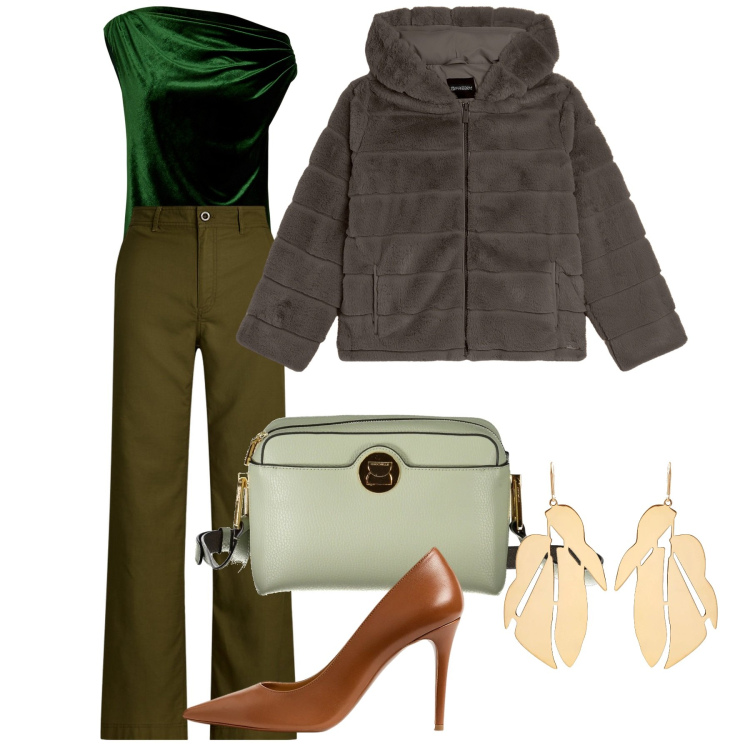 Outfit donna - Green velvet. Stile Chic per Serata fuori. Abbinamento con blazer, décolleté, pantaloni, bluse, borse a tracolla, orecchini.