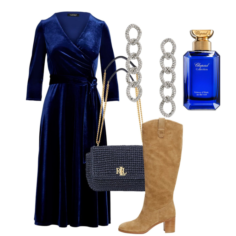 Outfit donna - Blue night. Stile Glamour per Serata fuori. Abbinamento con profumi, stivali, orecchini, vestiti, borse a spalla.