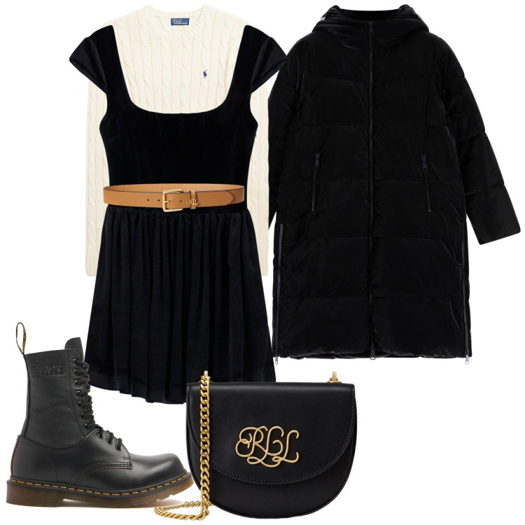 Outfit donna - Gli anfibi e l\'abito mini. Stile Trendy per Tutti i giorni. Abbinamento con piumini, vestiti corti, cinture, maglieria, borse a tracolla, stivali.