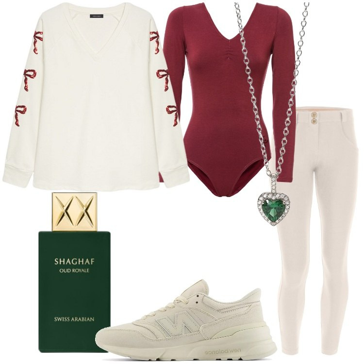 Outfit donna - Natale in famiglia - @mikytwins. Stile Casual per Tutti i giorni. Abbinamento con profumi, ciondoli, scarpe sportive, pantaloni skinny, body, felpe.