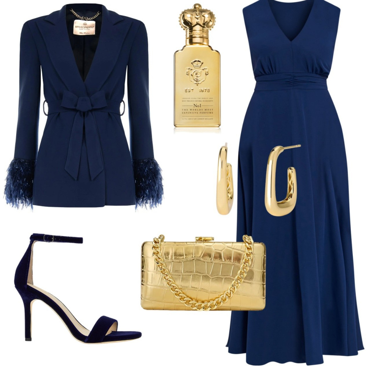 Outfit donna - Abito blu courvy lungo. Stile Chic per Serata fuori. Abbinamento con profumi, orecchini, vestiti lunghi, blazer, clutch, sandali col tacco.