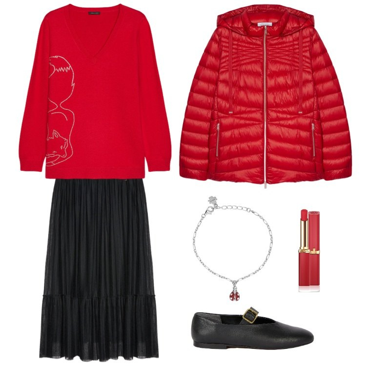 Outfit donna - Il classico maglione rosso. Stile Bon Ton per Serata fuori. Abbinamento con rossetti, braccialetti con ciondoli, gonne lunghe, piumini, maglieria, ballerine.