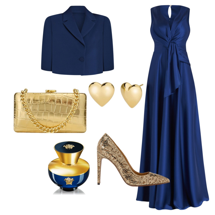 Outfit donna - Blu&Gold. Stile Chic per Serata fuori. Abbinamento con profumi, orecchini, vestiti lunghi, cappe, décolleté, clutch.