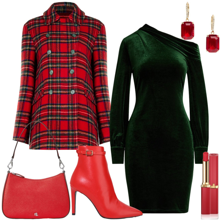 Outfit donna - La vigilia di Natale. Stile Chic per Serata fuori. Abbinamento con rossetti, cappotti, stivaletti, borse a spalla, vestiti asimmetrici, orecchini.