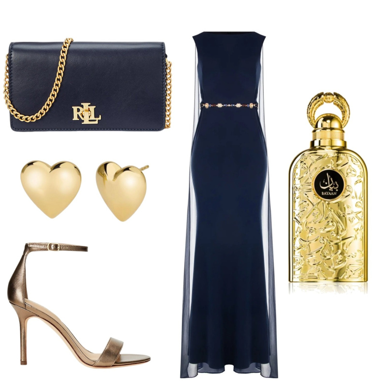 Outfit donna - Dicembre in blu e oro. Stile Chic per Serata fuori. Abbinamento con profumi, orecchini, vestiti lunghi, sandali in pelle, borse a mano.