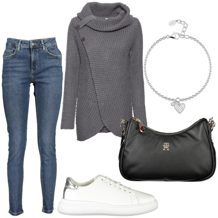 Outfit donna - Total look #2025905. Stile Basic per Tutti i giorni. Abbinamento con maglieria, braccialetti con ciondoli, borse a spalla, sneakers, jeans slim fit.