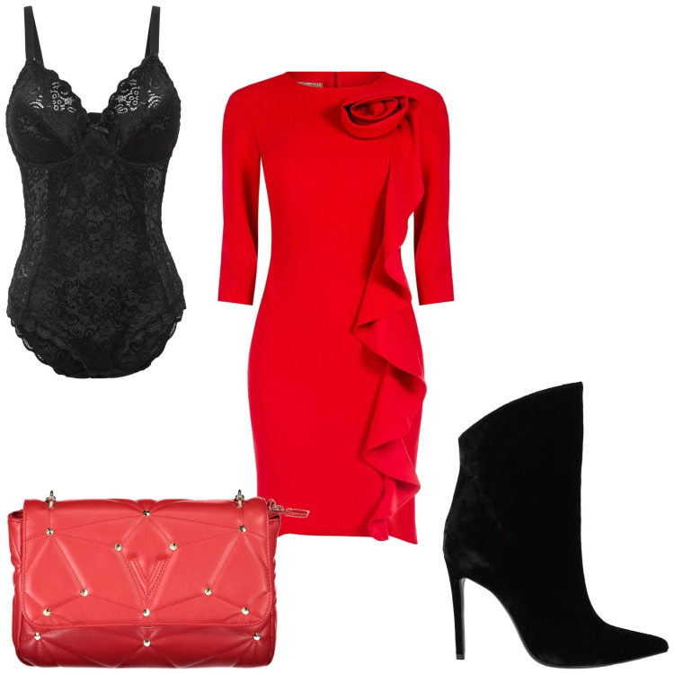 Outfit donna - Rosso e nero. Stile Chic per Serata fuori. Abbinamento con body, stivaletti, vestiti a tubino, borse a tracolla.