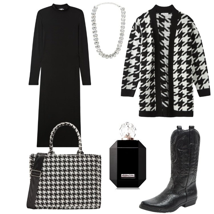 Outfit donna - Il cardigan bianco e nero. Stile Casual chic per Tutti i giorni. Abbinamento con profumi, vestiti lunghi, cardigans, shopping bag, stivali, collane.