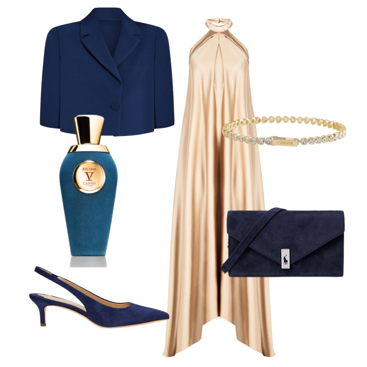 Outfit donna - Blu&Gold. Stile Chic per Serata fuori. Abbinamento con profumi, braccialetti, vestiti lunghi, cappe, clutch, décolleté.