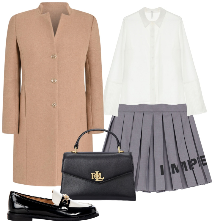 Outfit donna - Bon ton. Stile Bon Ton per Ufficio. Abbinamento con cappotti, mocassini, camicie, minigonne, borse a mano.