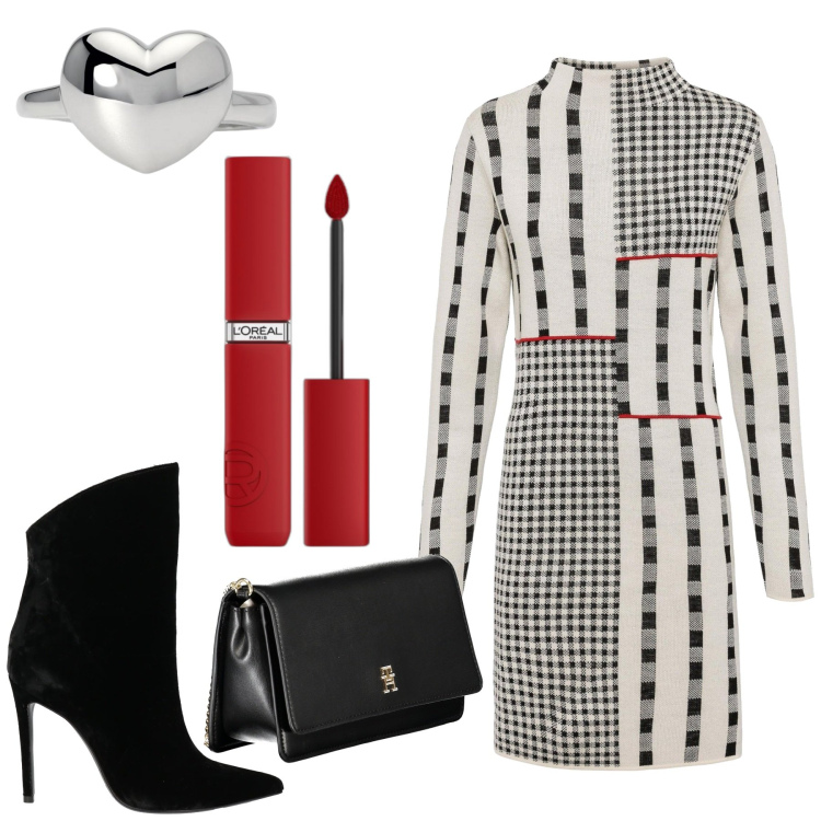 Outfit donna - In festa. Stile Bon Ton per Serata fuori. Abbinamento con vestiti, stivaletti, rossetti, anelli, borse a tracolla.