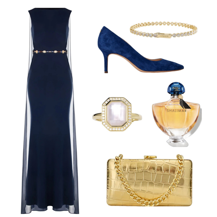 Outfit donna - Capodanno regale. Stile Romantica per Cerimonia. Abbinamento con profumi, braccialetti, anelli, vestiti lunghi, clutch, décolleté.