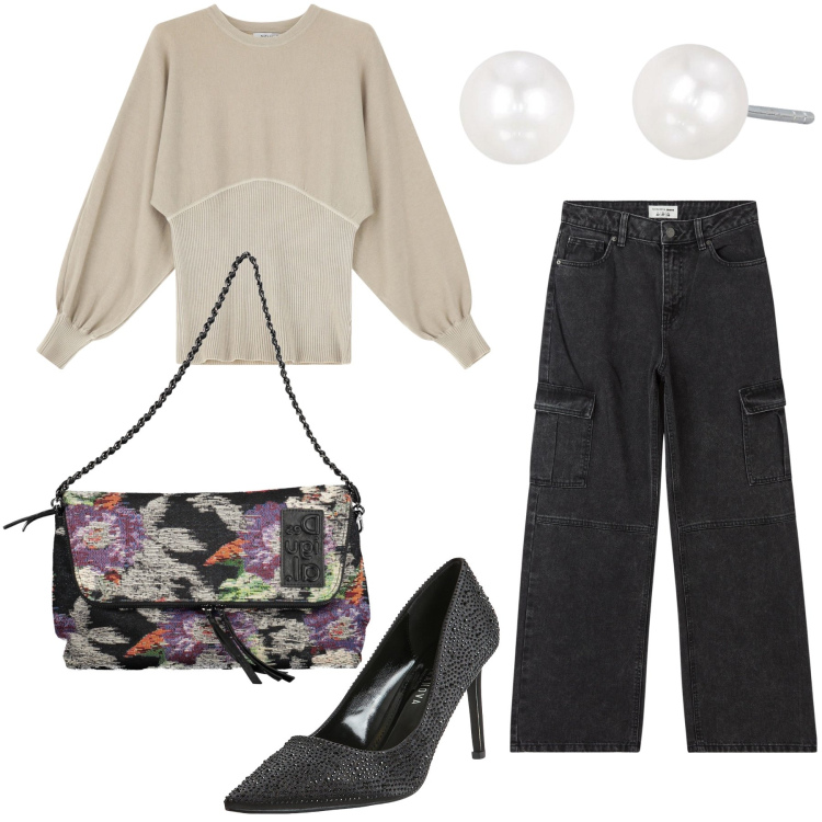 Outfit donna - Mattina di Natale. Stile Bon Ton per Tutti i giorni. Abbinamento con jeans dritti, décolleté, maglieria, orecchini, borse a mano.