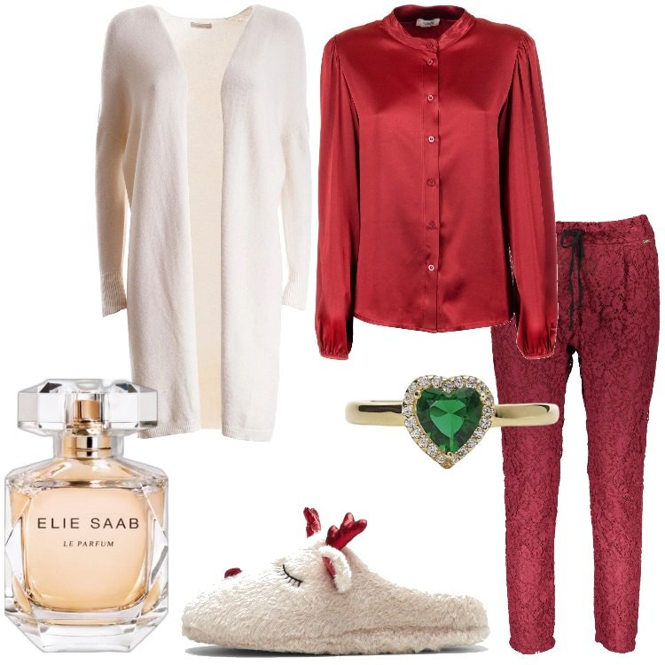 Outfit donna - Gioielli e profumi sotto l\'albero. Stile Casual chic per Tutti i giorni. Abbinamento con pantofole, profumi, anelli, cardigans, camicie, pantaloni.