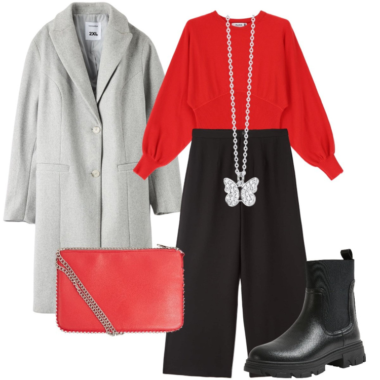 Outfit donna - La maglia natalizia. Stile Casual chic per Serata fuori. Abbinamento con borse a tracolla, pantaloni, cappotti, stivaletti chelsea, collane, maglieria.