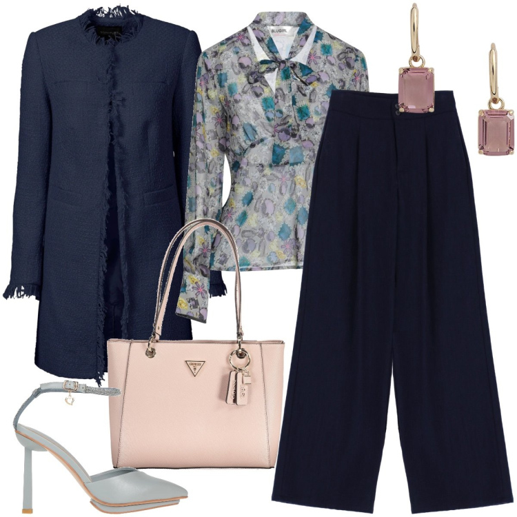 Outfit donna - Elegante in blu. Stile Chic per Serata fuori. Abbinamento con blazer, top, décolleté, pantaloni, orecchini, borse a spalla.