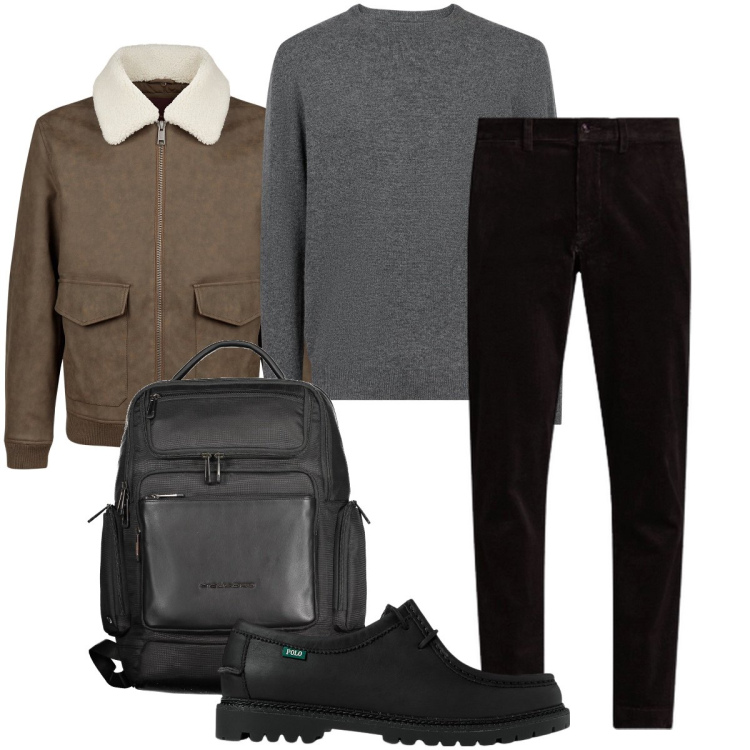 Outfit uomo - Il colletto impellicciato. Stile Business/Elegante per Ufficio. Abbinamento con pantaloni, scarpe stringate, maglieria, giacche, borse sportive.