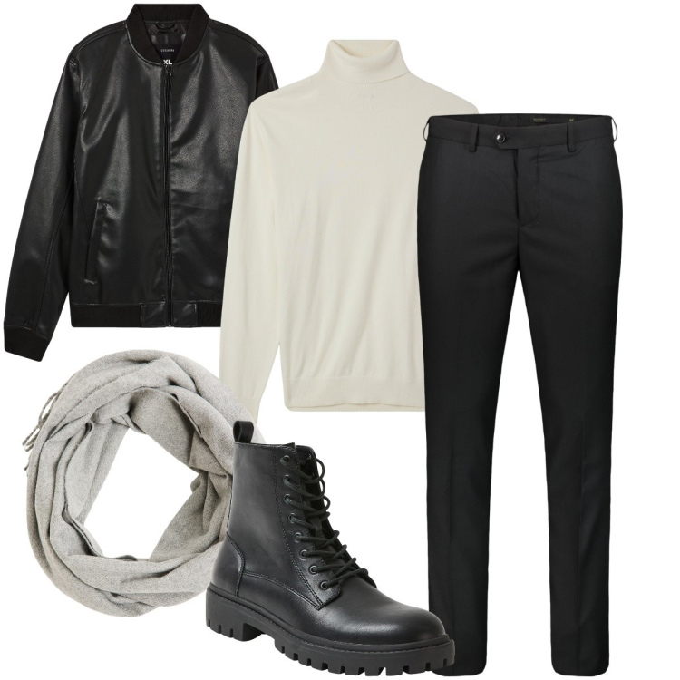 Outfit uomo - Il dolcevita bianco. Stile Business/Elegante per Serata speciale. Abbinamento con bomber, sciarpe, anfibi, maglieria, pantaloni.
