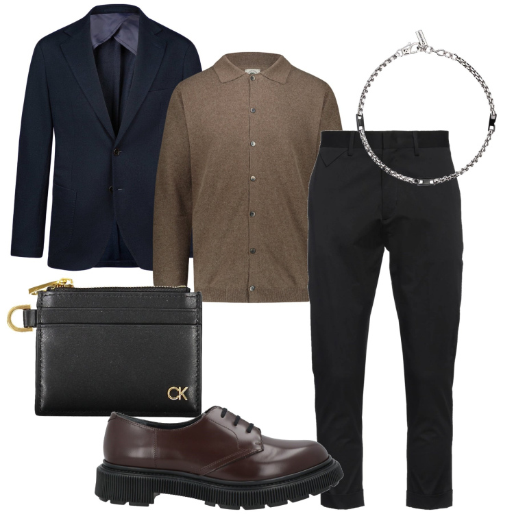 Outfit uomo - Giacca e cardigan. Stile Business/Elegante per Serata speciale. Abbinamento con pantaloni chino, scarpe stringate, braccialetti, polo, giacche, portafogli.