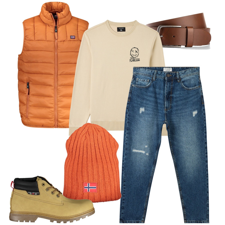 Outfit uomo - Dettagli arancioni. Stile Casual per Tutti i giorni. Abbinamento con cinture, felpe, jeans strappati, berretti, stivali, giacche.