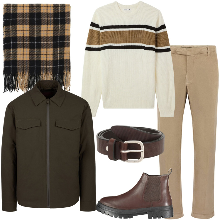 Outfit uomo - Un giro in centro. Stile Casual per Tutti i giorni. Abbinamento con maglieria, cinture, sciarpe, pantaloni, piumini, stivali.