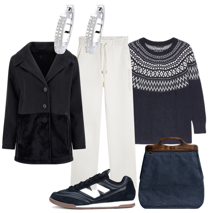 Outfit donna - Natale sporty chic. Stile Sporty chic per Tutti i giorni. Abbinamento con orecchini, sneakers, pantaloni, cappotti, borse a tracolla, maglieria.