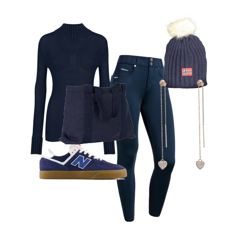 Outfit donna - Dicembre in blu e oro. Stile Basic per Tutti i giorni. Abbinamento con orecchini, borse tote, sneakers, pantaloni skinny, maglieria, berretti.