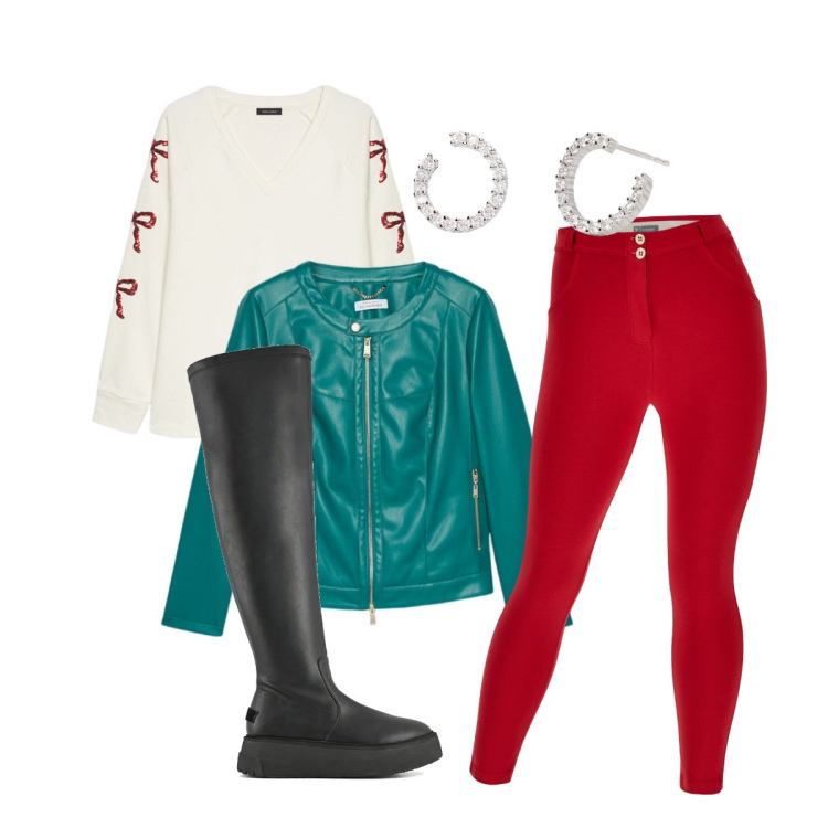 Outfit donna - Natale in tema. Stile Glamour per Tutti i giorni. Abbinamento con orecchini, pantaloni skinny, stivali sopra il ginocchio, blazer, felpe.