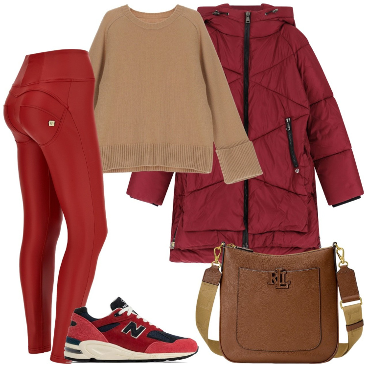 Outfit donna - Piumino lungo trapuntato. Stile Casual per Tutti i giorni. Abbinamento con sneakers, piumini, pullovers, pantaloni skinny, borse a tracolla.