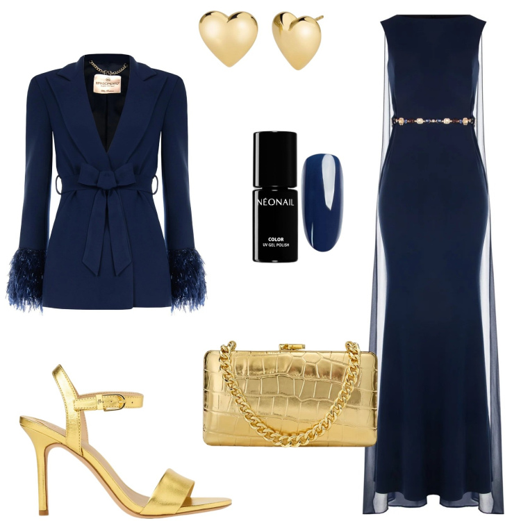 Outfit donna - Blu & oro. Stile Chic per Cerimonia. Abbinamento con smalti, orecchini, vestiti lunghi, blazer, clutch, sandali in pelle.
