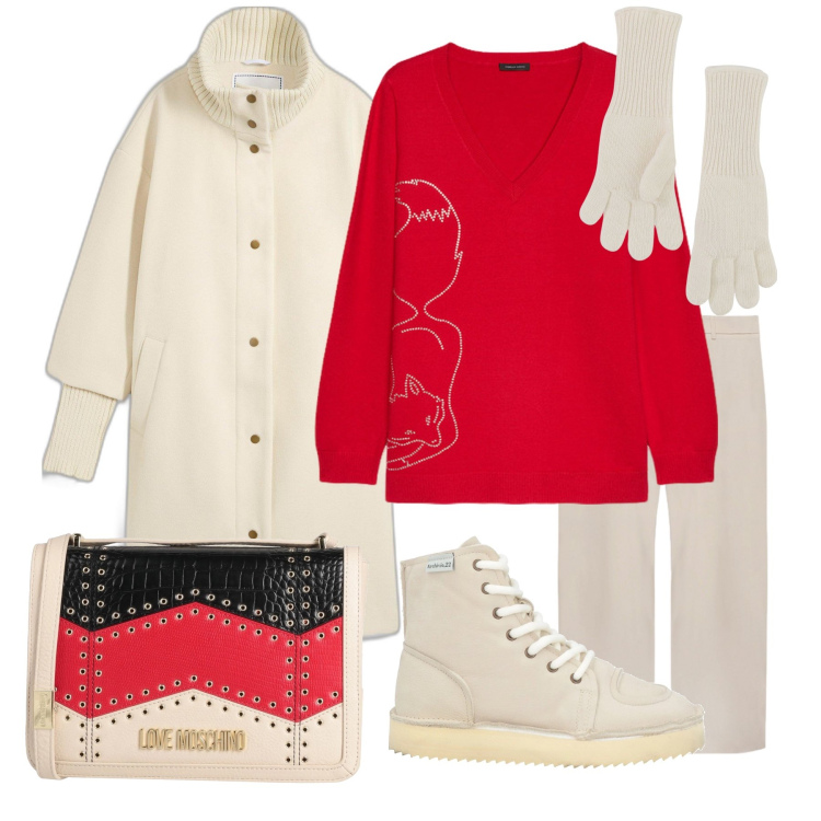 Outfit donna - Rosso e bianco. Stile Casual chic per Tutti i giorni. Abbinamento con cappotti, stivaletti, borse a tracolla, guanti, pantaloni, maglieria.