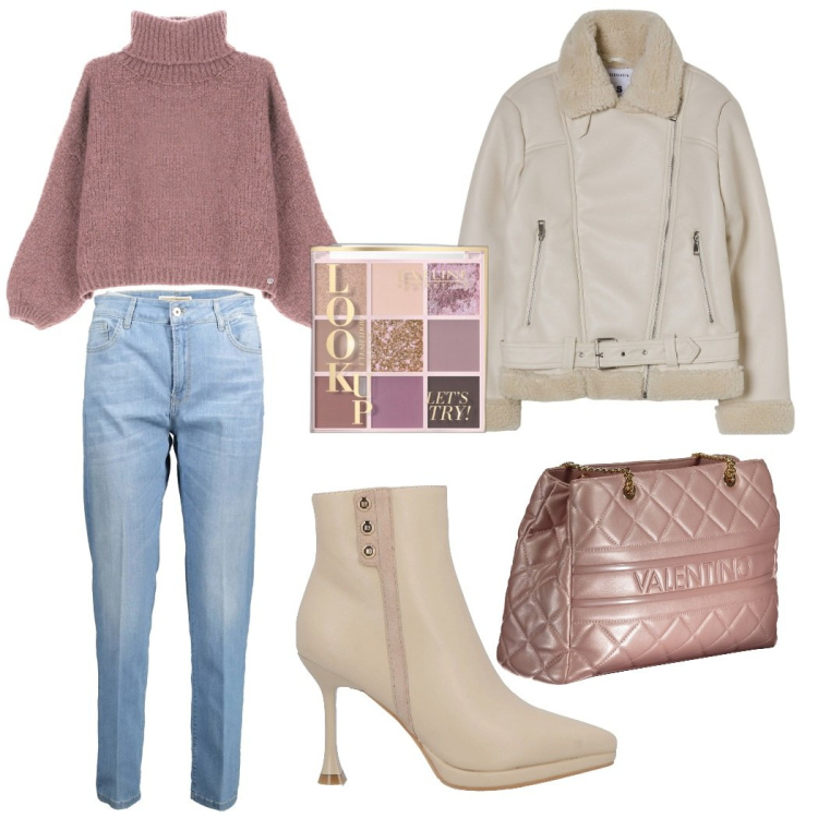 Outfit donna - Rosa chic. Stile Chic per Tutti i giorni. Abbinamento con stivaletti, ombretti, blazer, maglieria, jeans, borse a spalla.